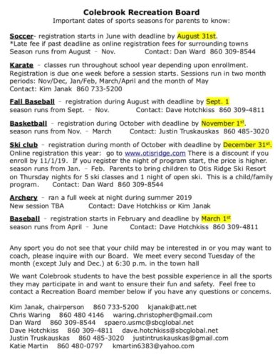 Rec Bd sports listing